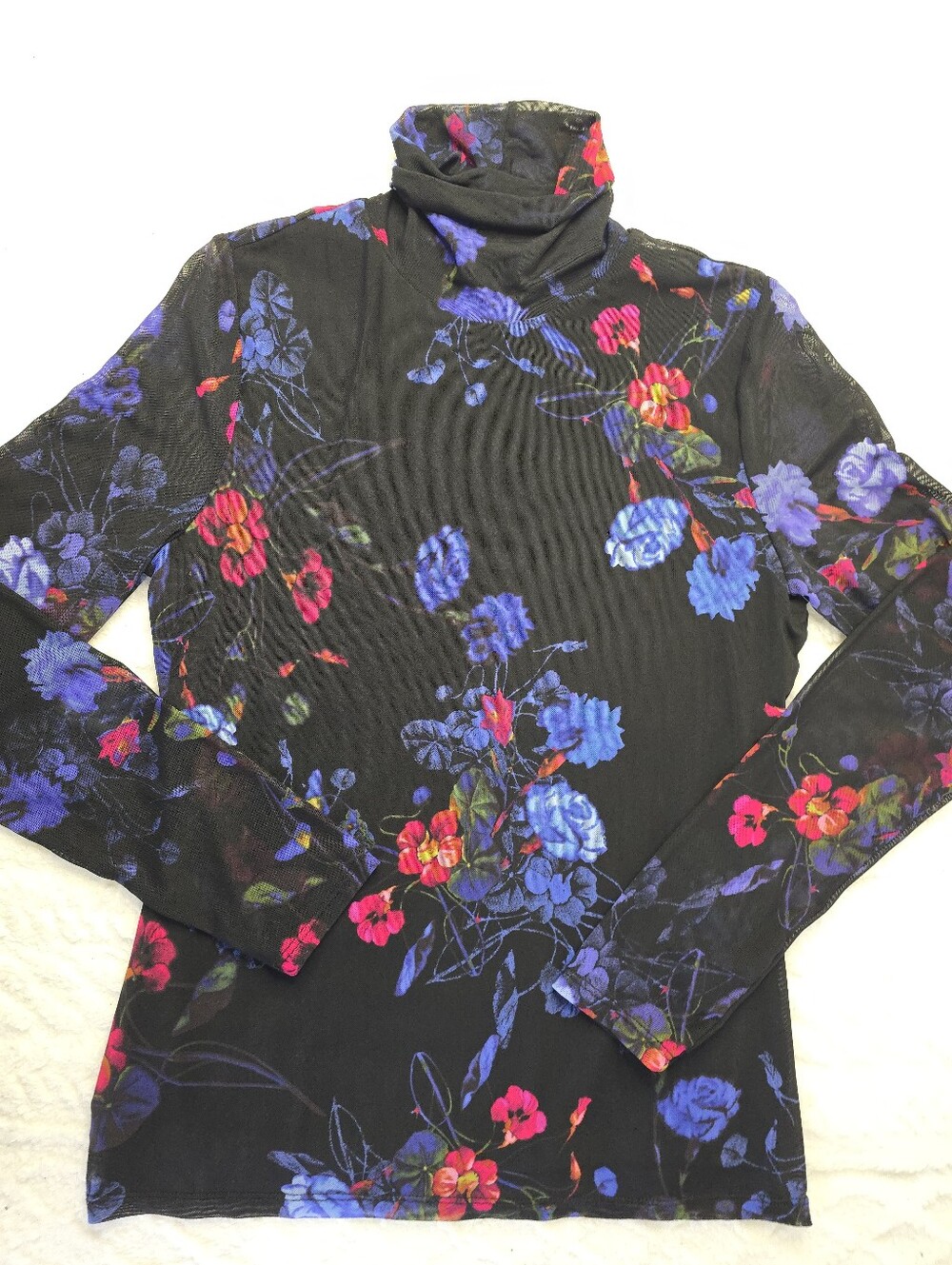 INC International Concepts Mesh Top Black Floral Turtleneck Sheer Sleeve Y2K M
